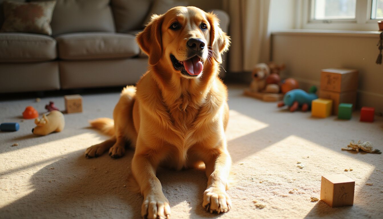 A golden retriever sits calmly on a worn carpet surrounded by toys in a cozy living room.