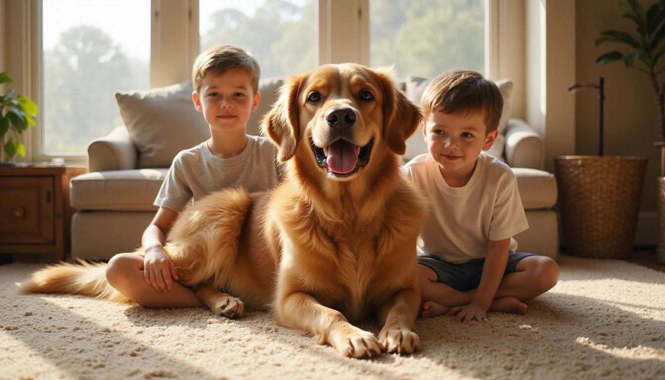A golden retriever relaxes beside two children on a soft carpet, showcasing a warm, joyful atmosphere.