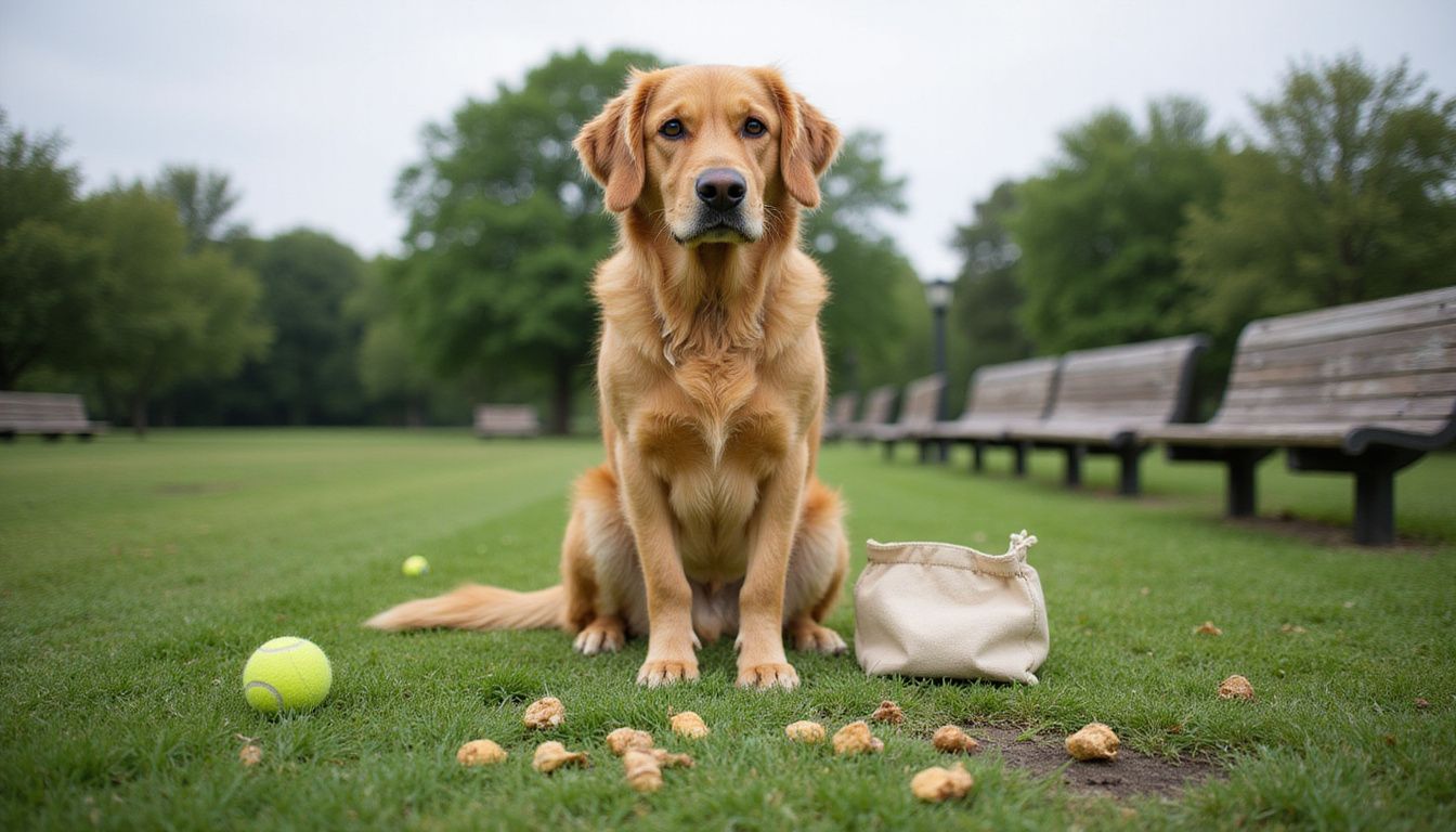 A golden retriever stands attentively on grass, surrounded by scattered training treats and a weathered tennis ball.