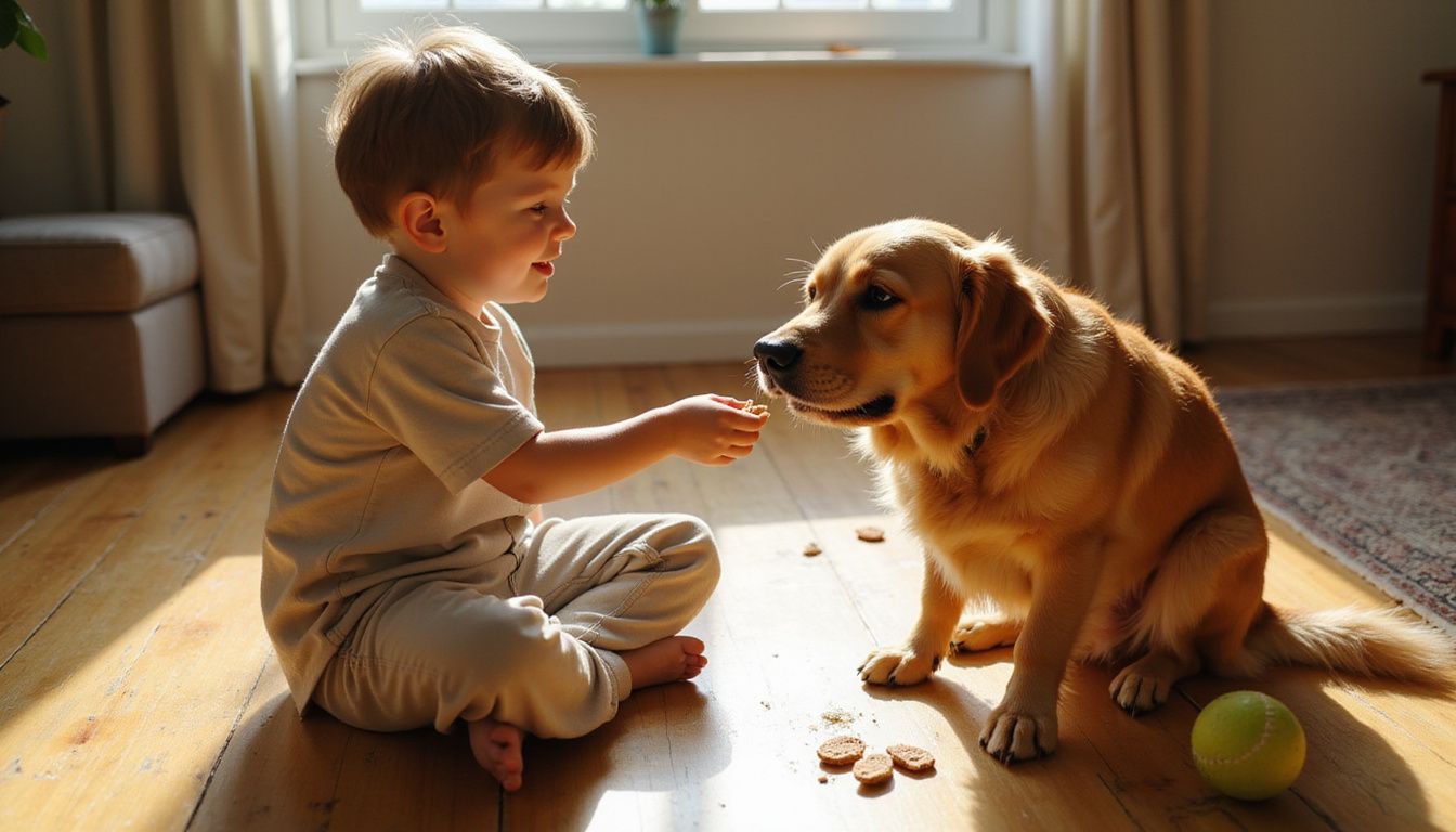 An 8-year-old child trains a golden retriever with a treat on a worn wooden floor filled with toys.