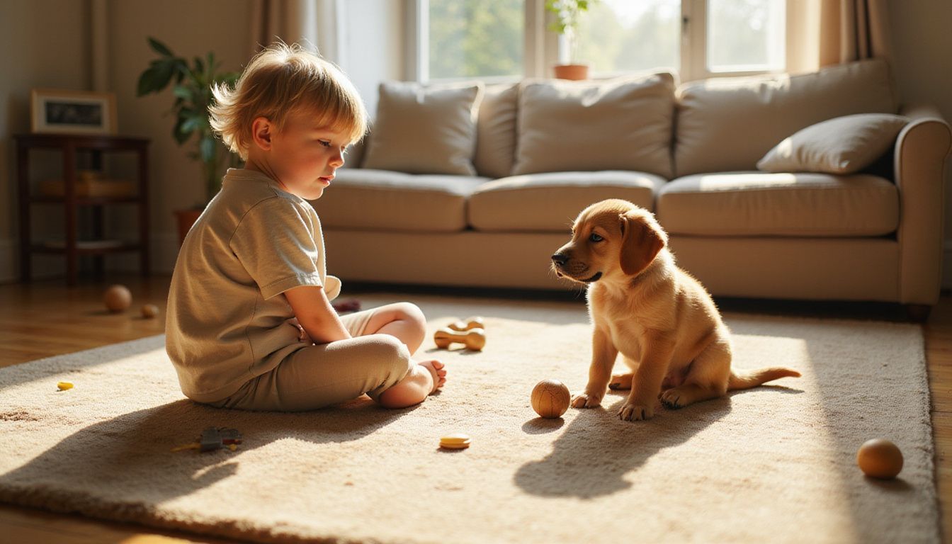 A curious child sits cross-legged on a rug, engaged with a calm puppy amid scattered toys.