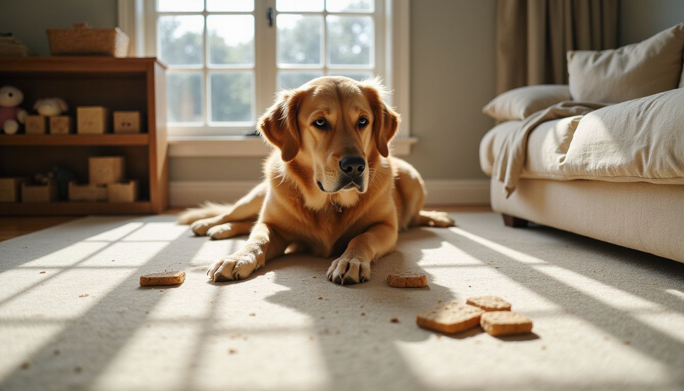 A golden retriever relaxes on a plush carpet, surrounded by scattered dog treats and a cozy living room setting.