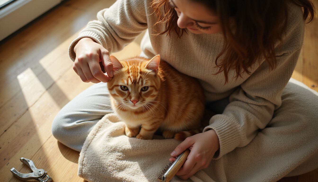 A woman gently brushes a content orange tabby kitten while seated cross-legged on worn hardwood flooring.