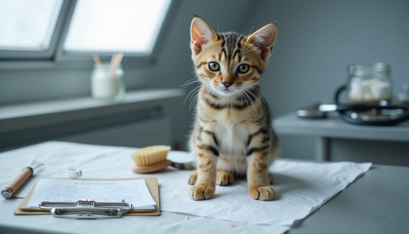 A young tabby kitten sits attentively on a veterinary examination table beside grooming tools and health records.