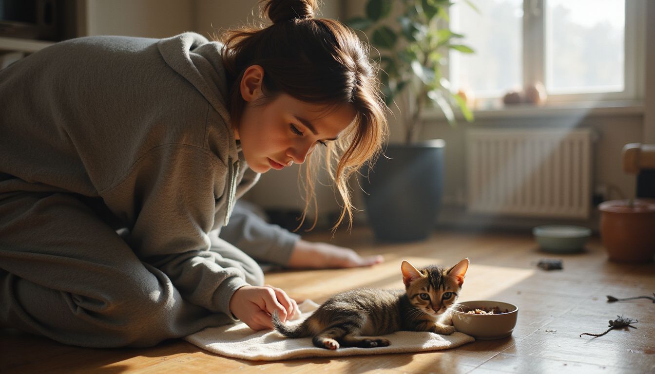 A concerned young woman kneels beside her tired tabby kitten, displaying maternal worry and attention.