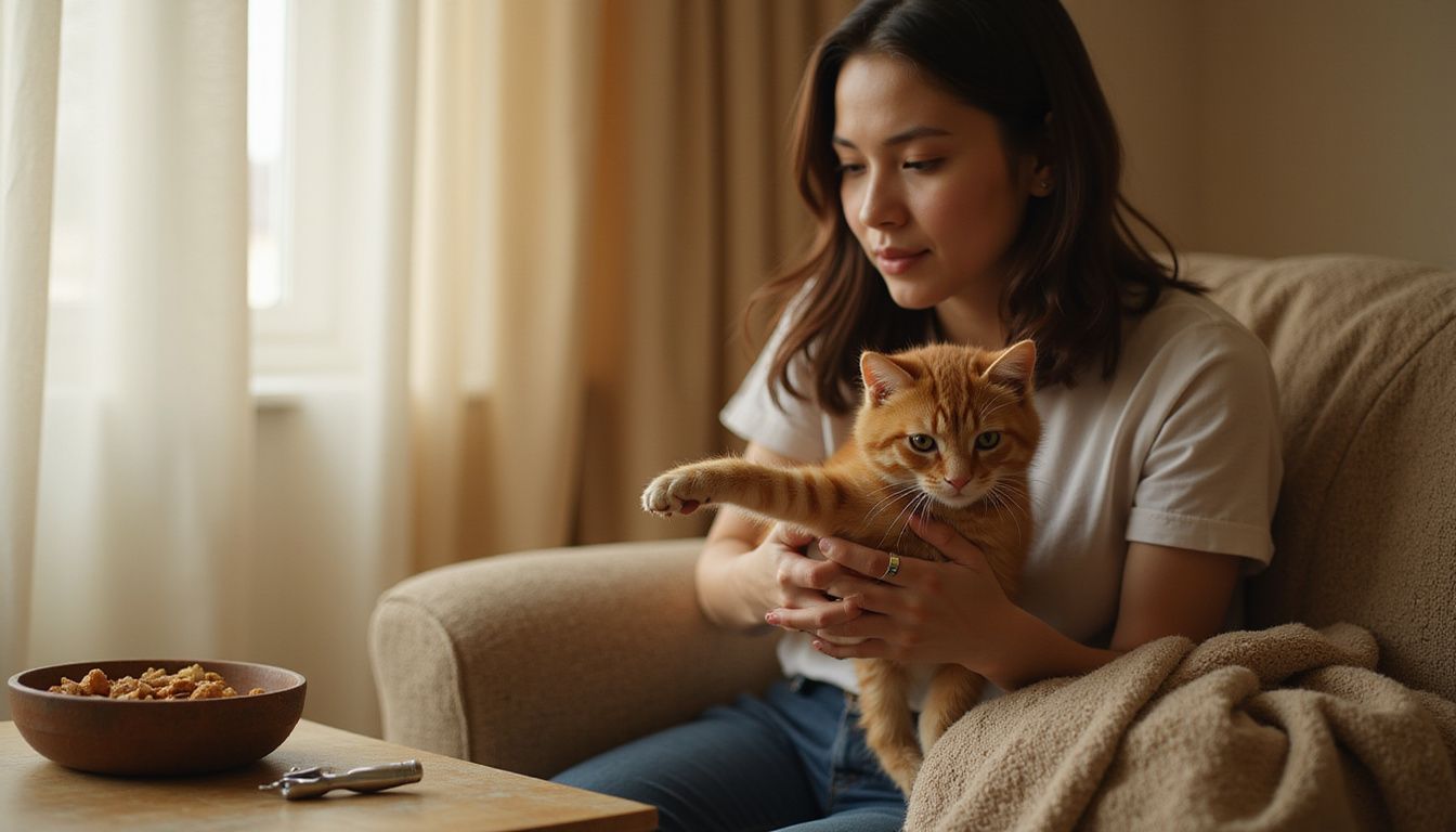 A young adult gently supports an orange tabby kitten's paw on a cozy couch while preparing for nail clipping.