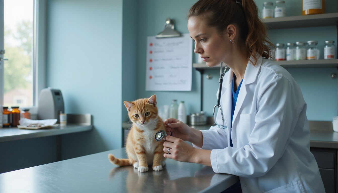 A veterinarian examines a young orange tabby kitten on a clinical examination table with focused care and professionalism.