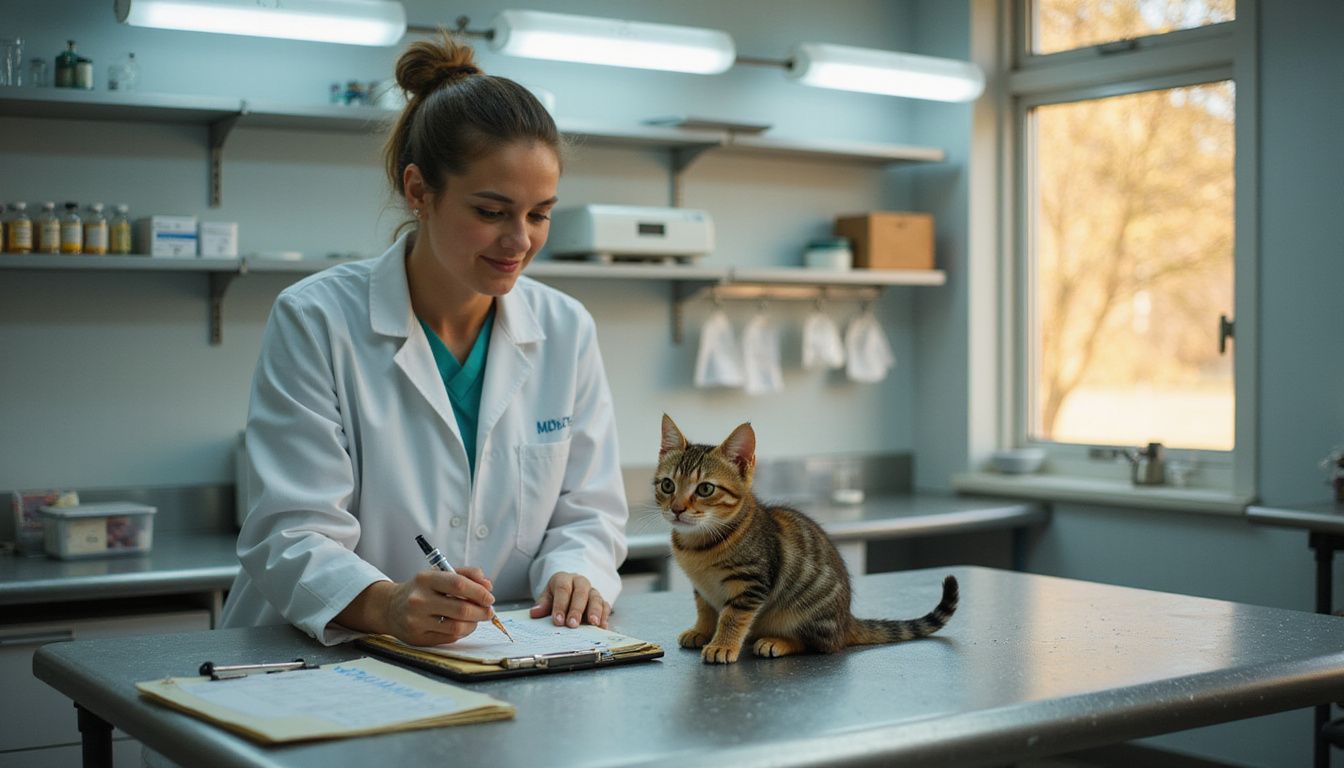 A young tabby kitten anxiously awaits a vaccination from a warm and composed female veterinarian in a clinical setting.