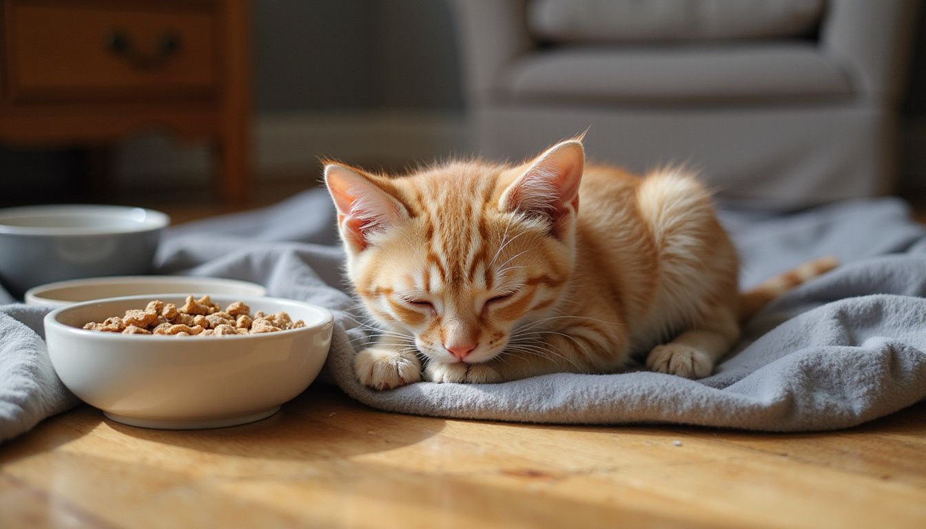 A sickly orange tabby kitten lies curled up on a blanket, showing signs of distress and neglecting its food and water.
