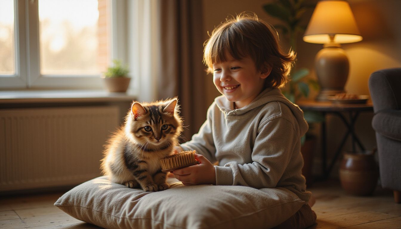 A child joyfully grooms a fluffy tabby kitten with a brush, demonstrating a heartwarming moment of bonding.