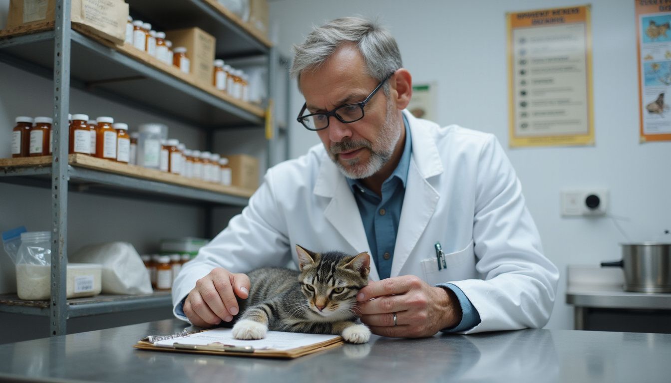 A concerned veterinarian examines a lethargic gray tabby kitten on a cold examination table in a clinic.