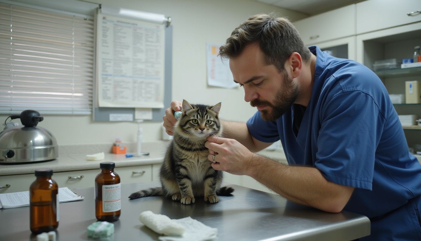 A veterinarian administers a vaccine to a fluffy gray tabby kitten on an examination table in a clinic.