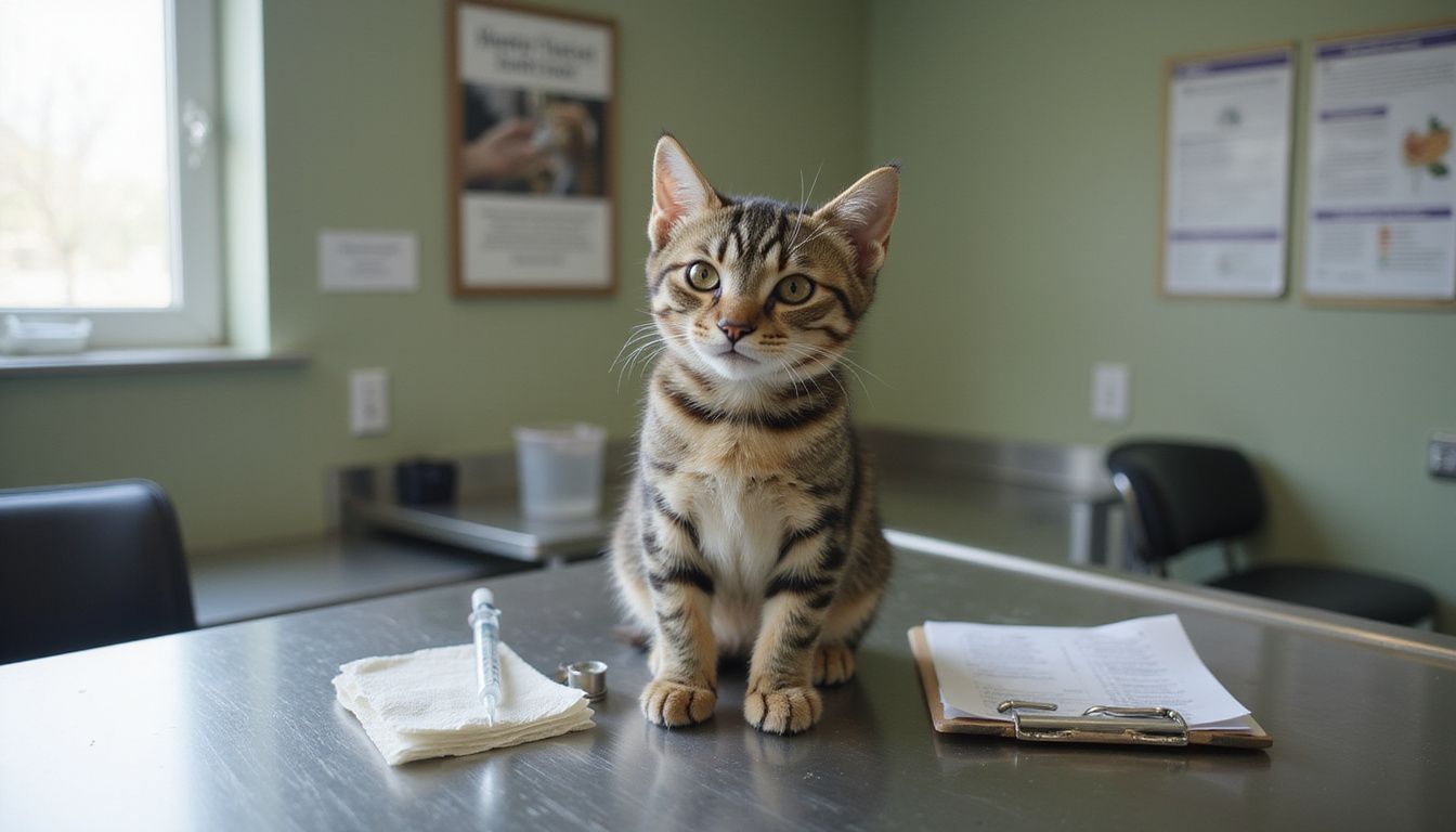 A curious tabby kitten sits on a stainless steel examination table at a veterinary clinic, surrounded by medical equipment.