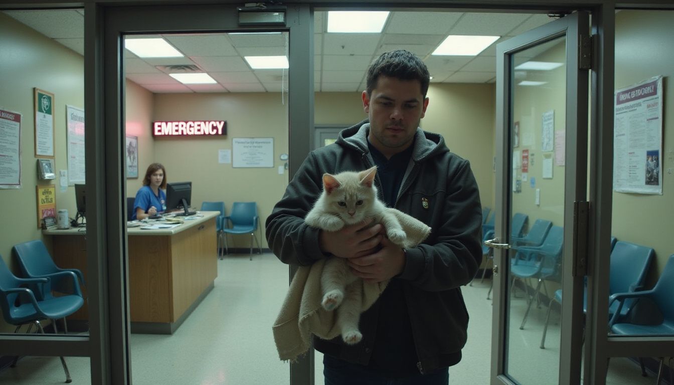 A young adult anxiously rushes into an emergency veterinary clinic, cradling a limp kitten wrapped in a blanket.