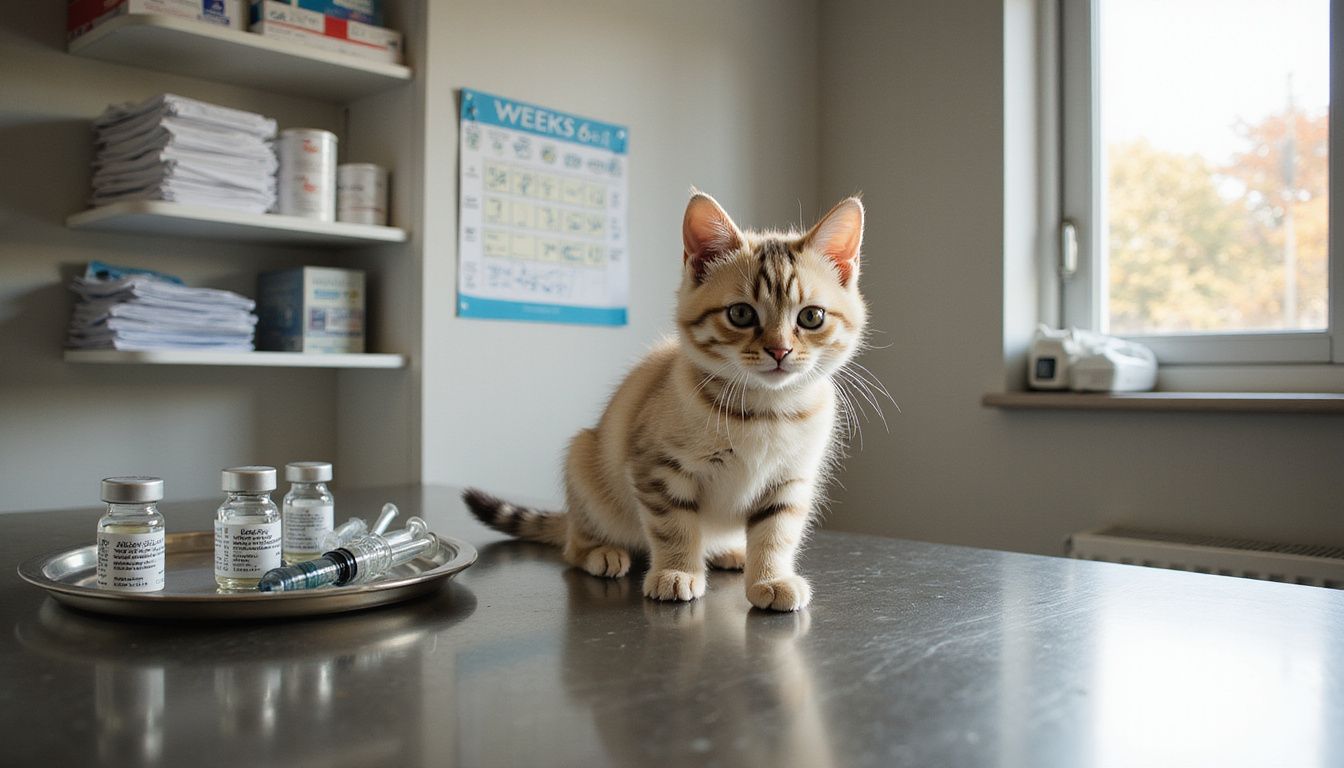 A young tabby-striped kitten sits alert on a stainless steel examination table in a veterinary clinic.