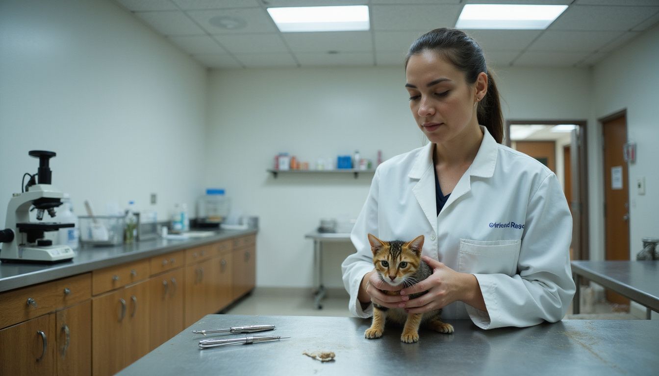 A veterinarian in a lab coat gently holds a tabby kitten on a stainless-steel examination table in a clinic.