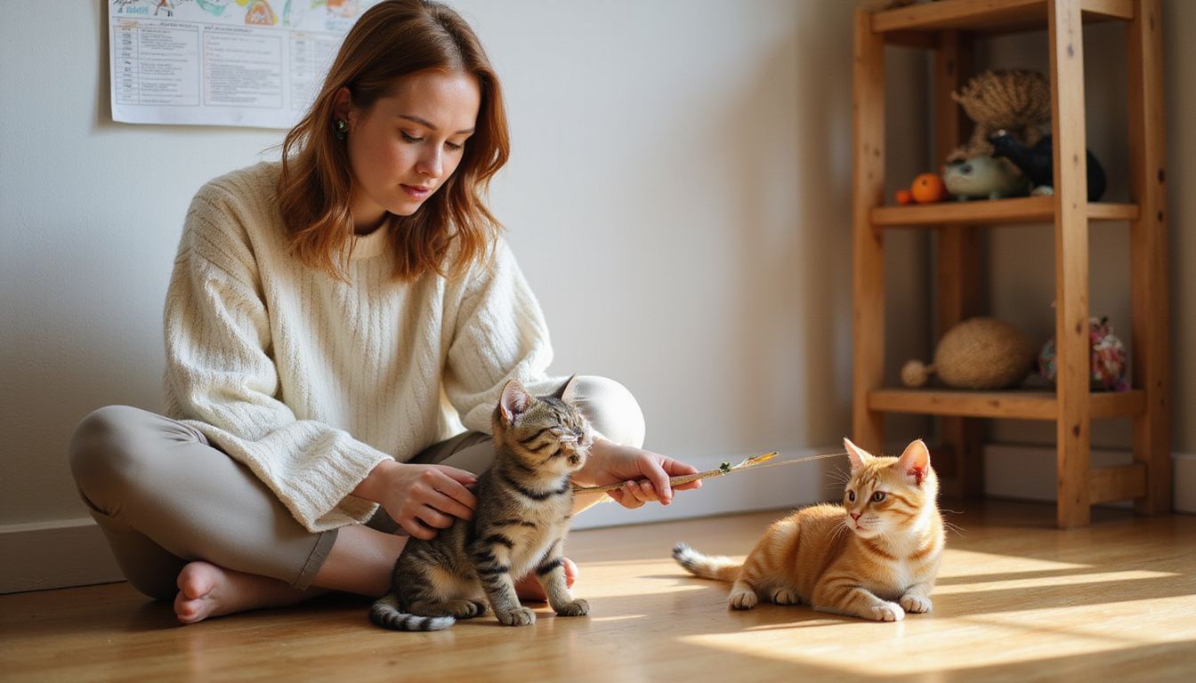 A woman in a cozy sweater plays with a playful tabby kitten on a hardwood floor.
