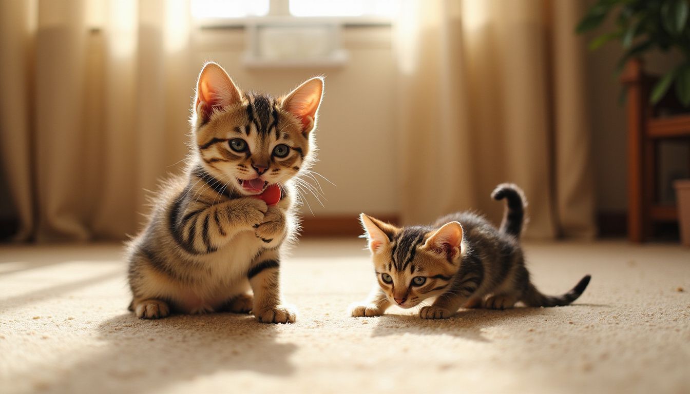 A three-month-old tabby kitten displays teething discomfort and later assumes an alert stalking posture on a plush carpet.