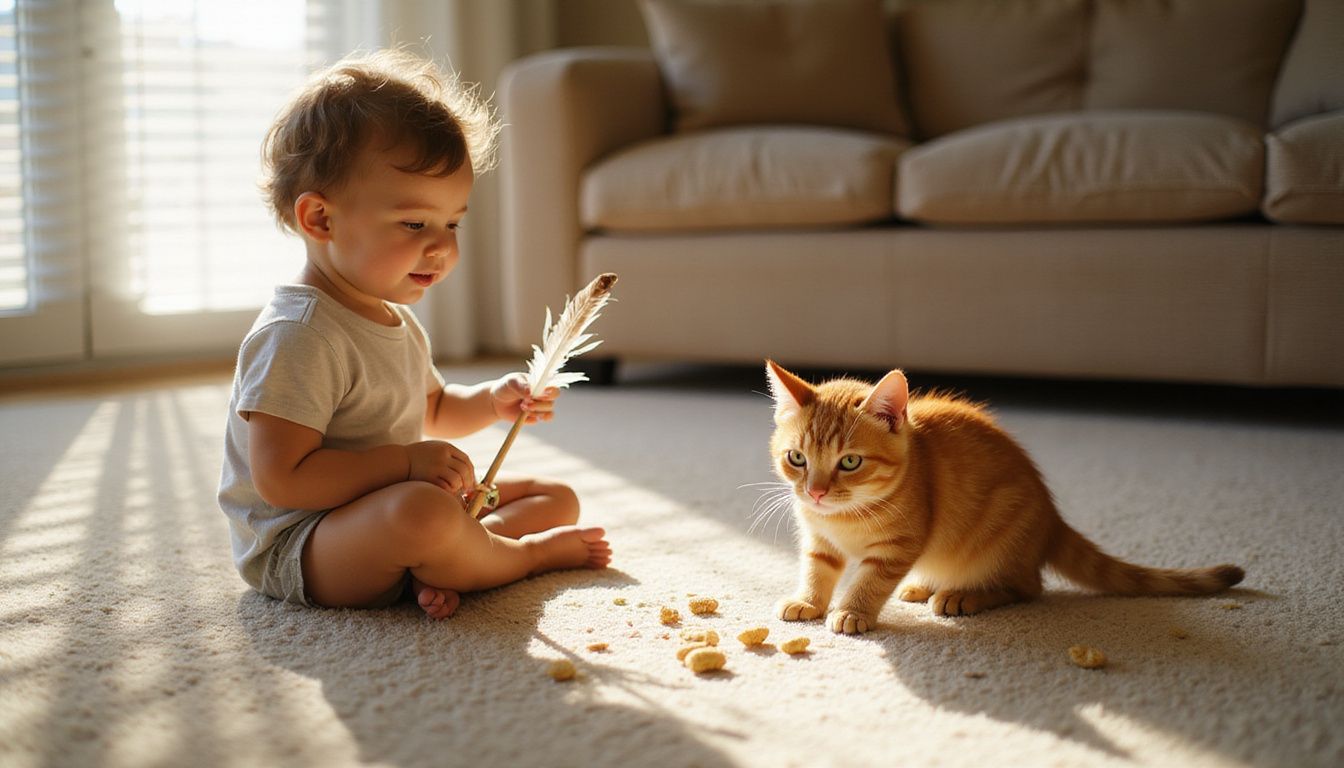 A child focusedly plays with a feather wand while an orange tabby kitten swats at it on a cozy carpet.