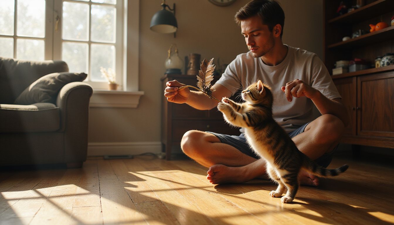 A person engages playfully with a spirited tabby kitten using a feathered wand toy in a cozy living room.