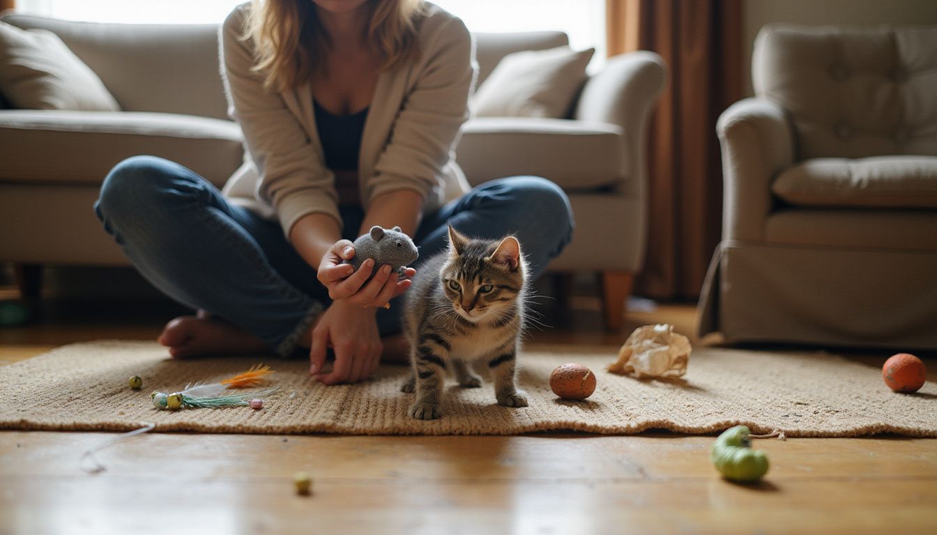 A woman engages a playful gray tabby kitten with a plush mouse toy on a hardwood floor.