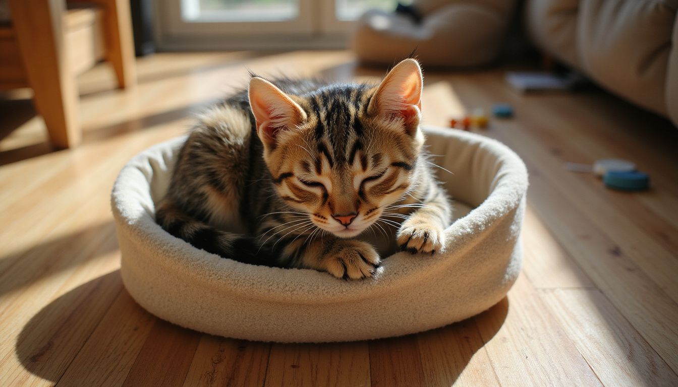 A tabby kitten peacefully naps in a cozy, well-worn cat bed, exuding relaxation and comfort.