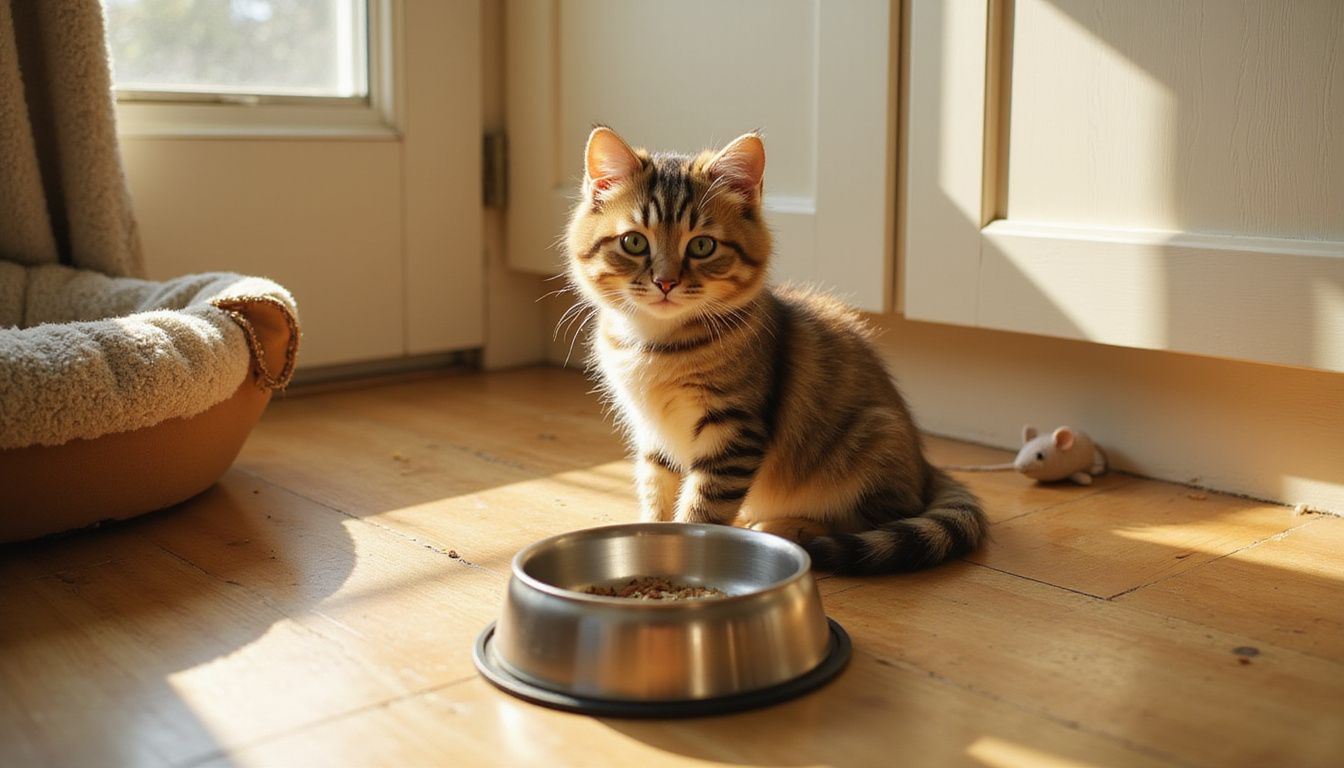 A fluffy tabby kitten sits beside a food bowl, surrounded by a cozy home environment and playful accessories.