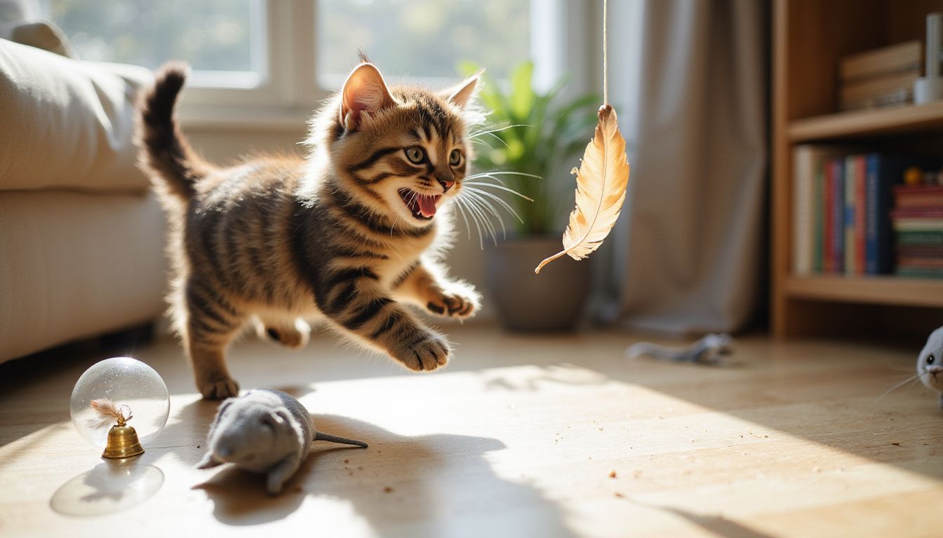 A playful tabby kitten leaps enthusiastically towards a feather toy in a modern living room.