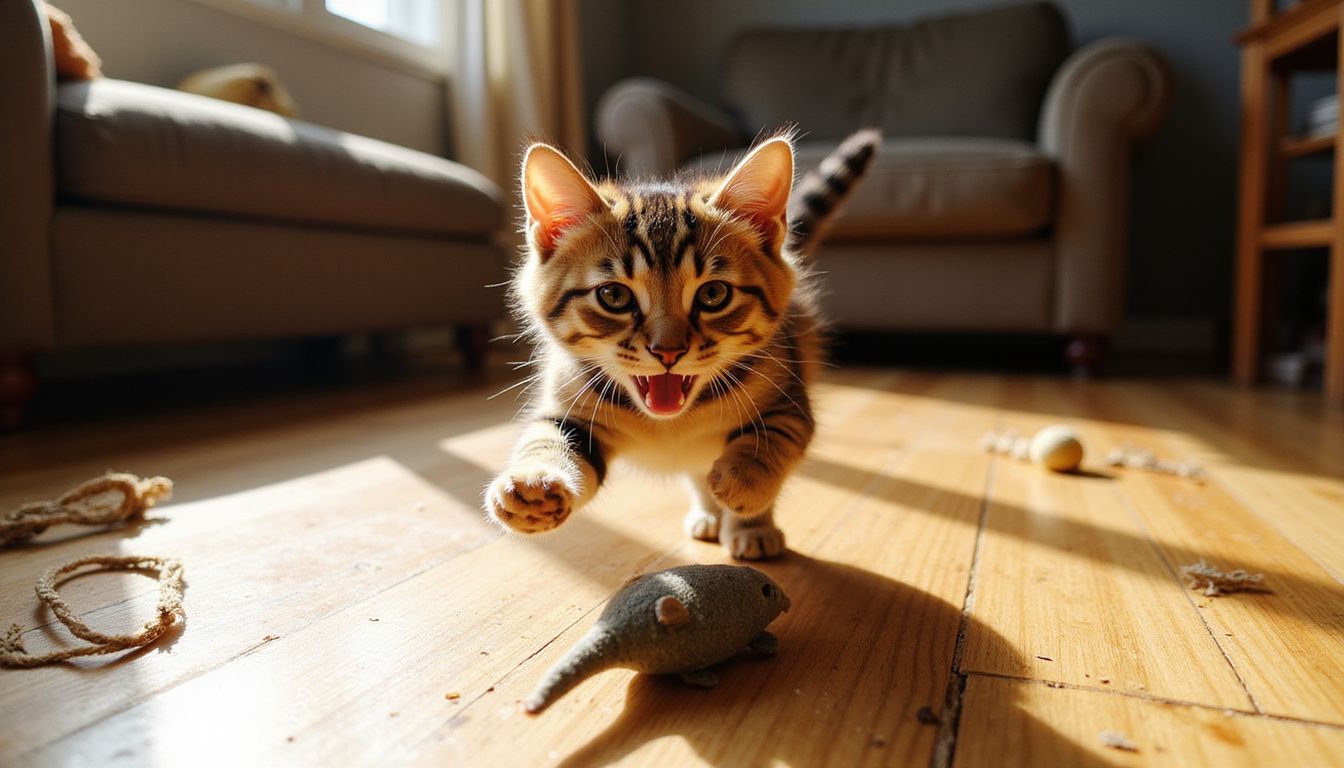 A playful tabby kitten pounces on a felt toy mouse on a hardwood floor, surrounded by scattered cat toys.