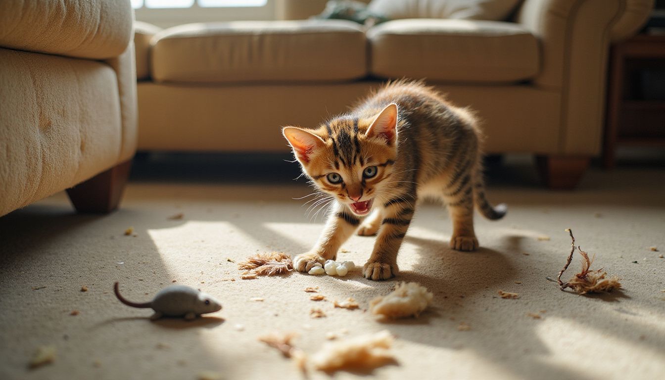 A young tabby kitten crouches aggressively on a carpet, ready to pounce amidst scattered, damaged toys.