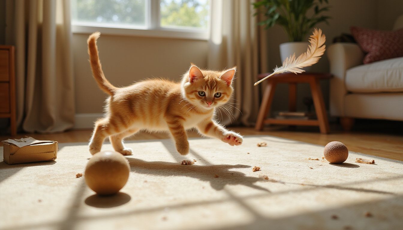 A young orange tabby kitten leaps across a rug, focused on a feather wand toy just out of frame.