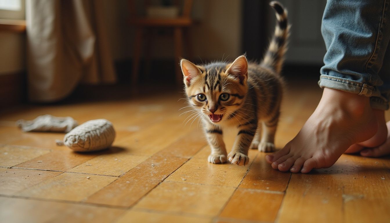 A playful tabby kitten lunges towards an adult's ankle on a honey-toned hardwood floor, showcasing its energetic demeanor.