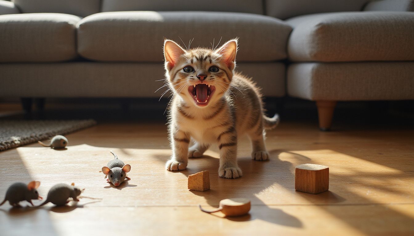 A young kitten hisses defensively, showcasing its fear and tension amidst a cozy living room setting.