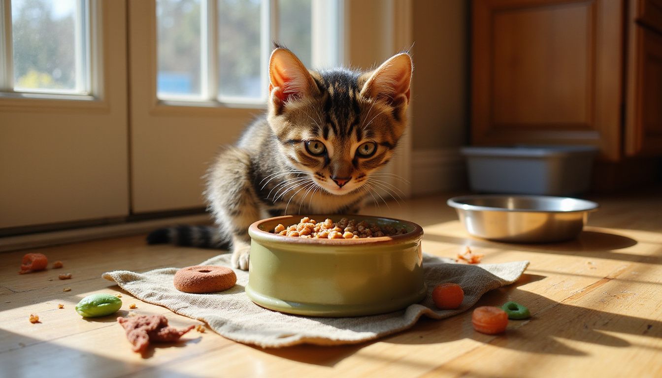 A playful tabby kitten eagerly approaches its food bowl in a cozy, lived-in kitchen.