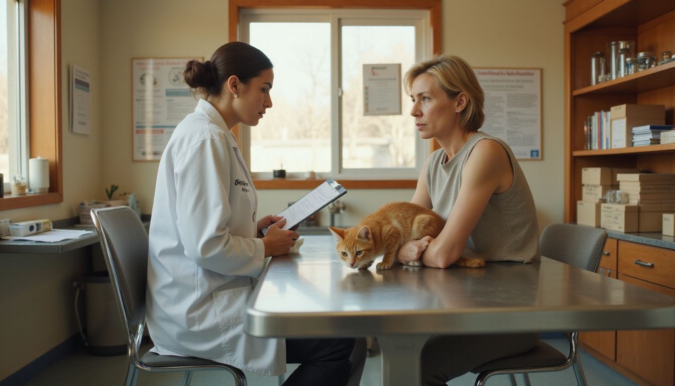 A concerned woman watches her stressed orange tabby kitten during a veterinary examination.