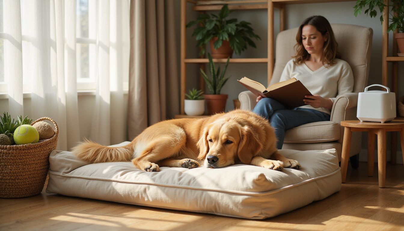 A Golden Retriever relaxes on a dog bed while a woman reads nearby.