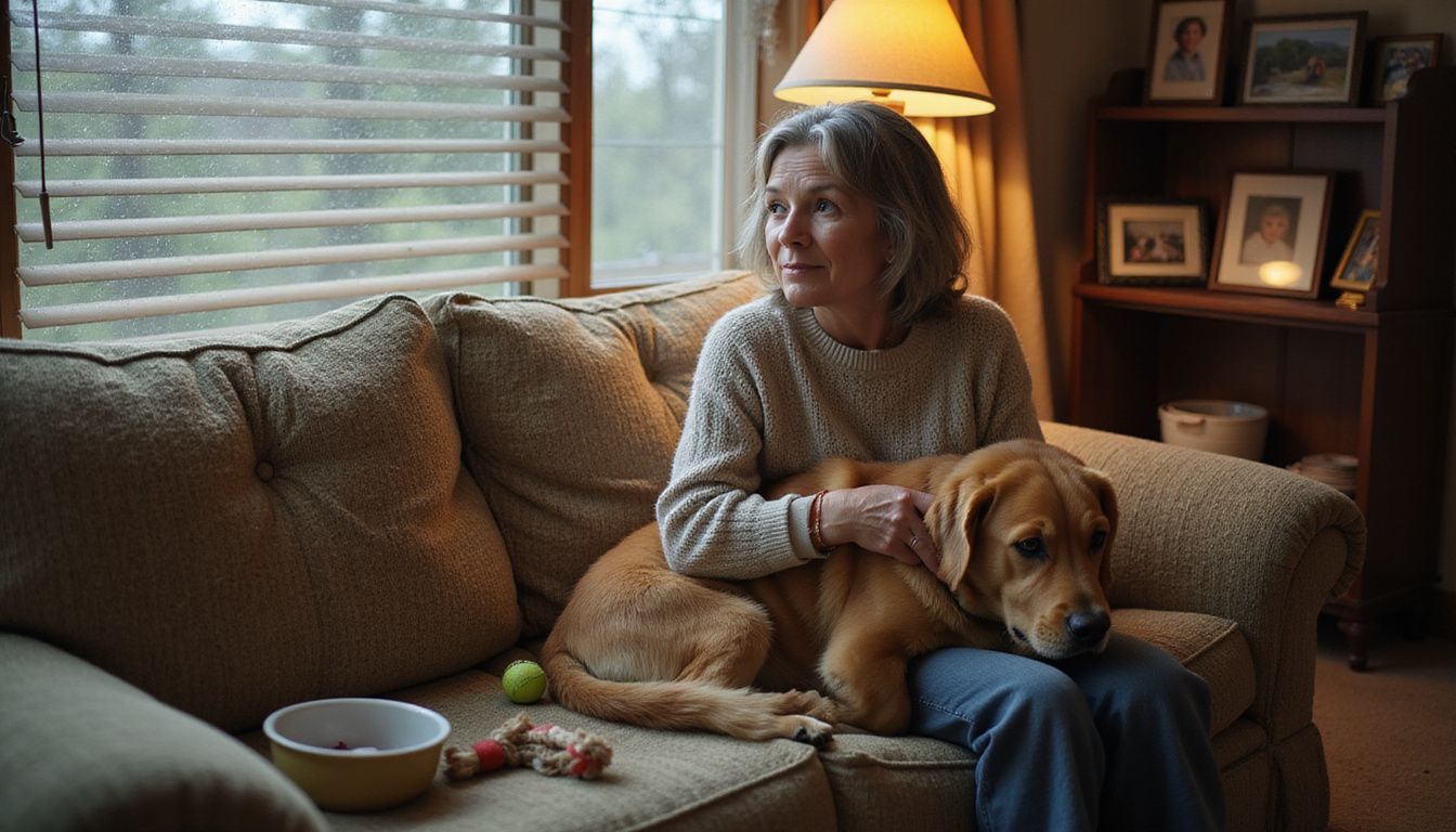 A middle-aged woman relaxes on a vintage couch with a golden retriever resting in her lap. A middle-aged woman relaxes on a vintage couch with a golden retriever resting in her lap.