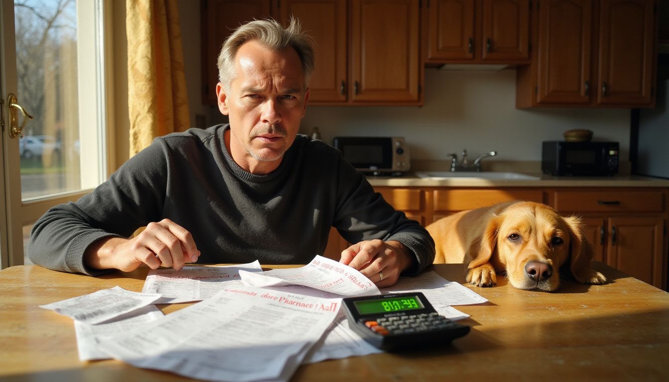 A worried middle-aged person sits at a table cluttered with veterinary bills, burdened by the cost of pet care. A worried middle-aged person sits at a table cluttered with veterinary bills, burdened by the cost of pet care.