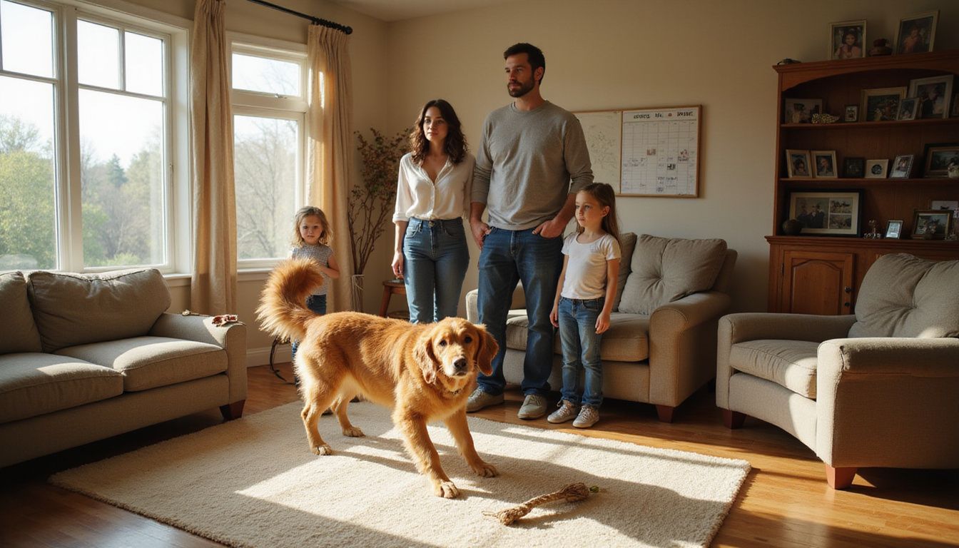 A family of four stands together in their living room, with a playful golden retriever on the rug. A family of four stands together in their living room, with a playful golden retriever on the rug.