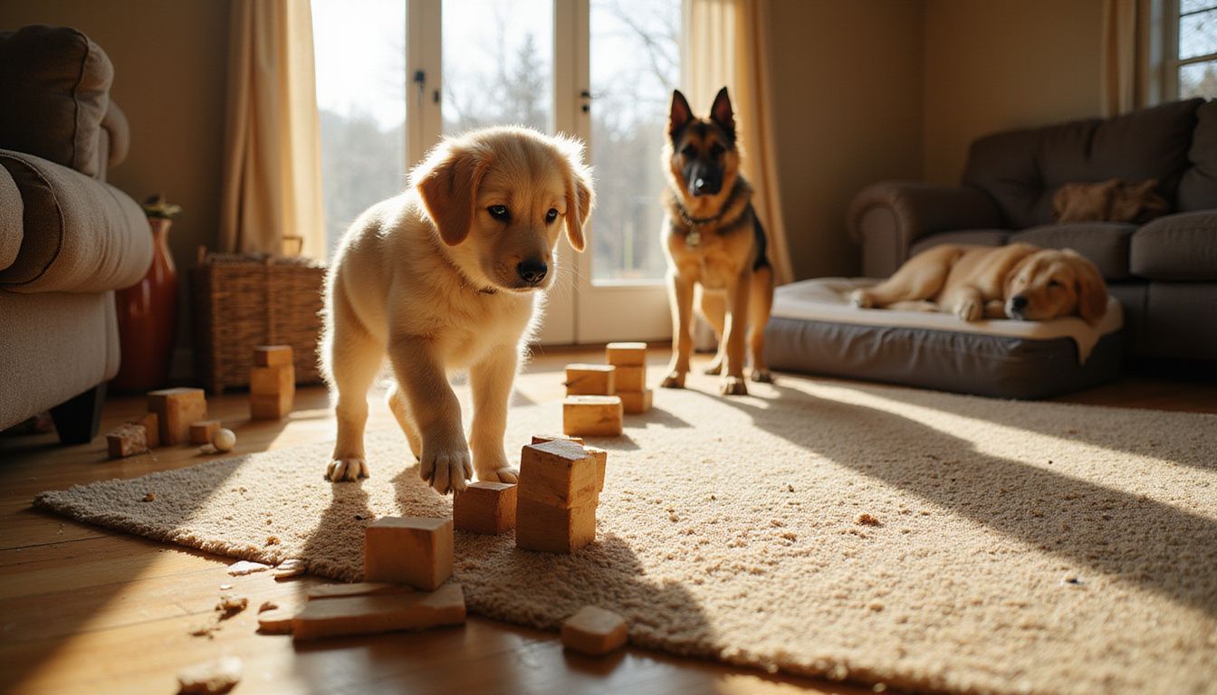 A candid photo features three dogs of varying ages interacting in a cozy, lived-in living room. A candid photo features three dogs of varying ages interacting in a cozy, lived-in living room.