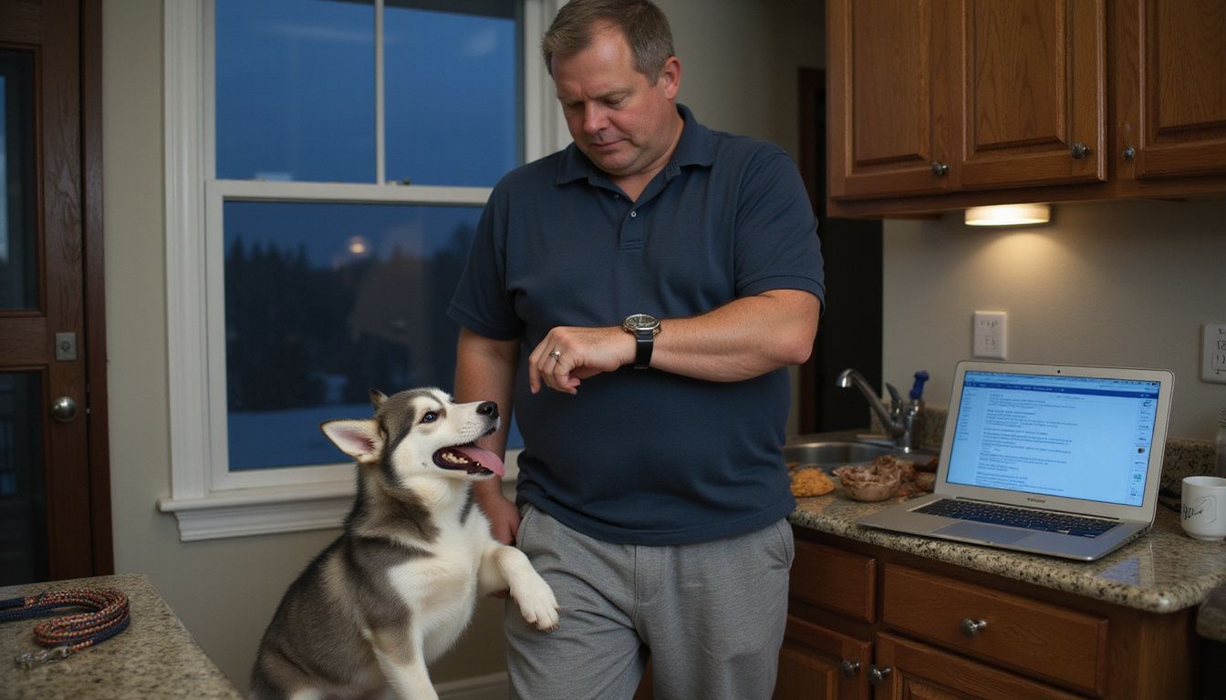 A tired middle-aged person checks their watch while a playful Siberian Husky puppy demands attention in a modern kitchen. A tired middle-aged person checks their watch while a playful Siberian Husky puppy demands attention in a modern kitchen.