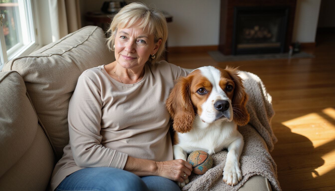 A middle-aged woman relaxes on a couch with a content Cavalier King Charles Spaniel resting in her lap. A middle-aged woman relaxes on a couch with a content Cavalier King Charles Spaniel resting in her lap.