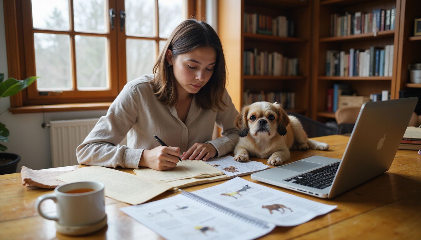 A focused woman researches dog breeds at a wooden table, accompanied by two attentive dogs in her home office. A focused woman researches dog breeds at a wooden table, accompanied by two attentive dogs in her home office.