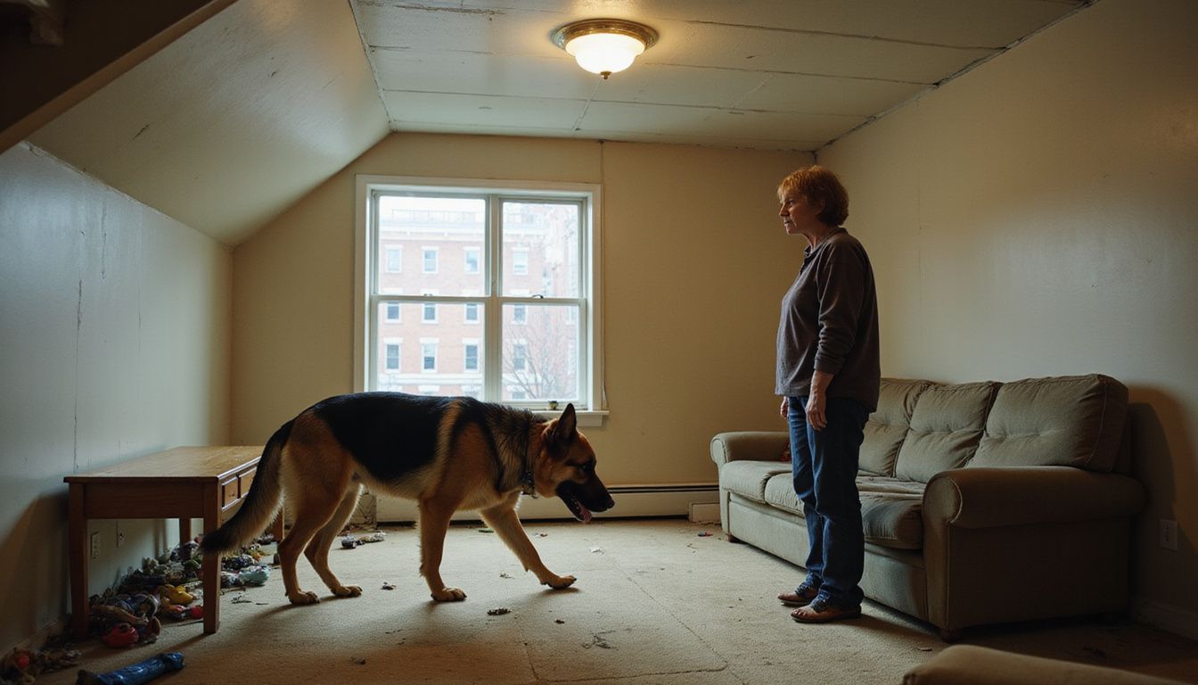 A concerned woman watches her restless German Shepherd in a cramped, deteriorating apartment, highlighting their struggle for space. A concerned woman watches her restless German Shepherd in a cramped, deteriorating apartment, highlighting their struggle for space.