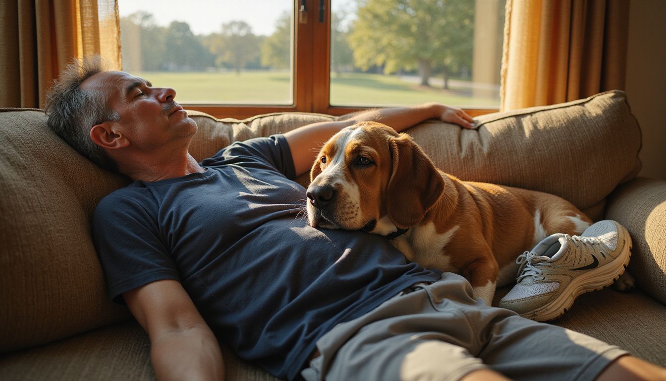 A weary middle-aged man slumps on a couch next to a relaxed basset hound, both exuding fatigue. A weary middle-aged man slumps on a couch next to a relaxed basset hound, both exuding fatigue.