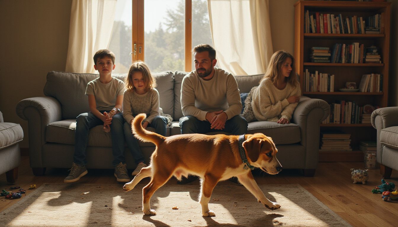 A family of four sits on a worn couch, sharing a moment of quiet anticipation with their rescue dog. A family of four sits on a worn couch, sharing a moment of quiet anticipation with their rescue dog.