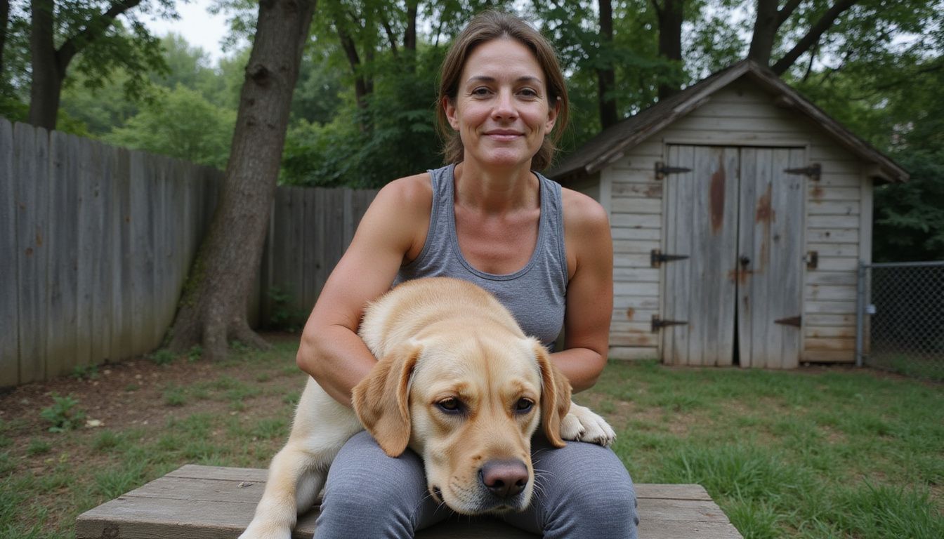 A middle-aged woman sits on a bench with a relaxed Labrador Retriever resting on her lap in a suburban yard. A middle-aged woman sits on a bench with a relaxed Labrador Retriever resting on her lap in a suburban yard.