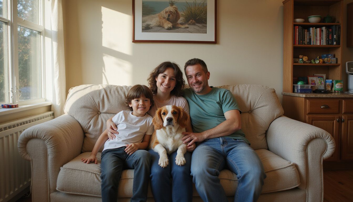 A family of four relaxes together in a cozy living room, surrounded by toys and their pet dog. A family of four relaxes together in a cozy living room, surrounded by toys and their pet dog.