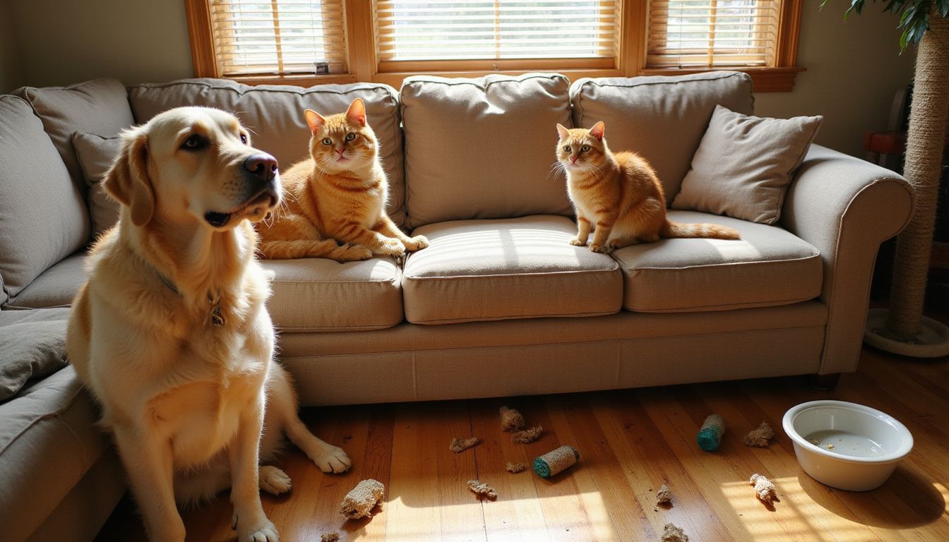 A relaxed golden retriever and a cautious orange tabby cat share a worn couch in a lived-in living room. A relaxed golden retriever and a cautious orange tabby cat share a worn couch in a lived-in living room.