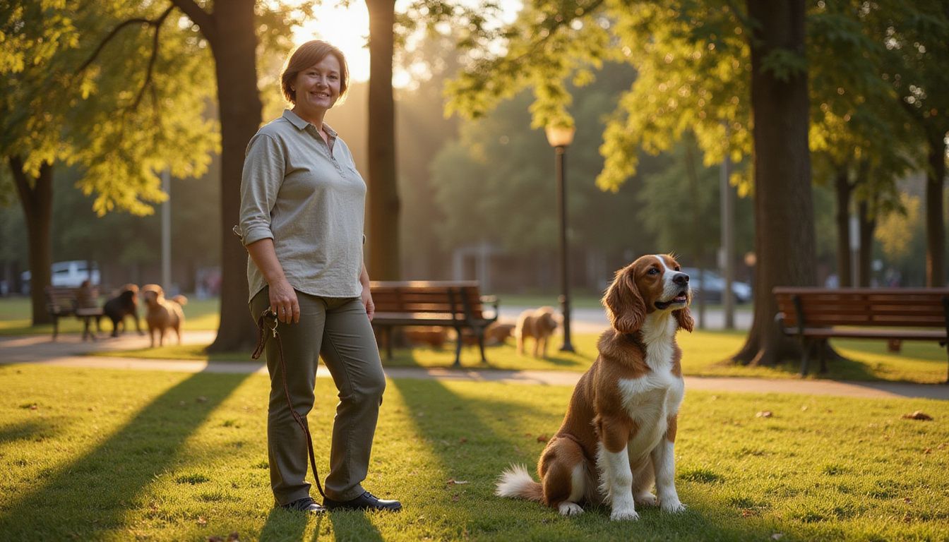 A middle-aged woman stands relaxed with a spaniel mix, both attentively watching dogs play in a park.